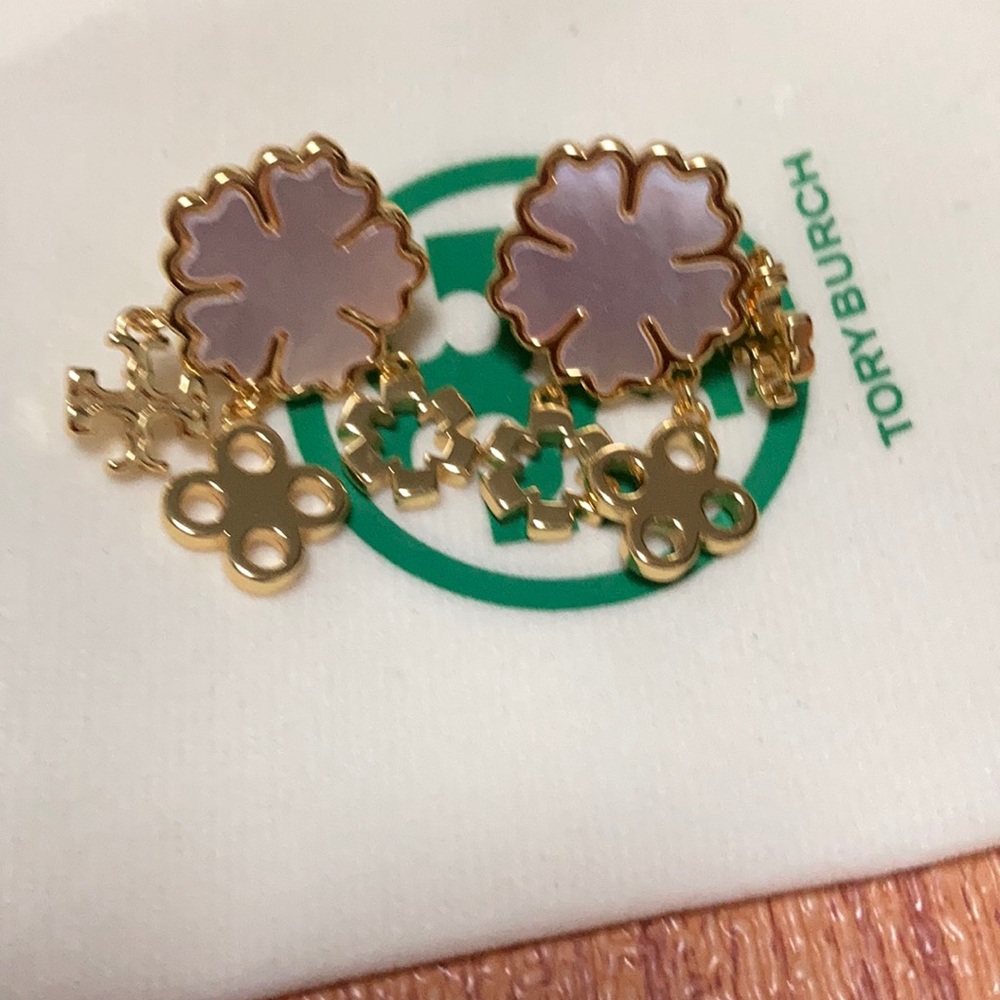 Tory Burch Gold and Lavender Flower Drop Earrings